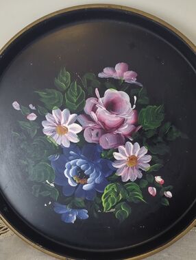 Vintage Floral Tole Tray Vanity Wall Romantic Cottagecore Painted Metal Tray
